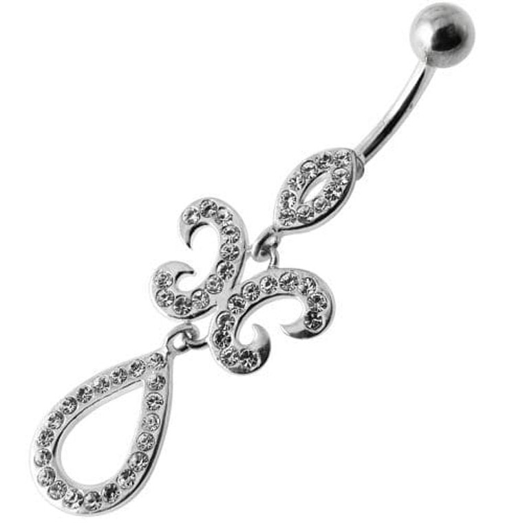 Fancy Studded Jeweled Dangling SS Bar Belly Ring - Clear
