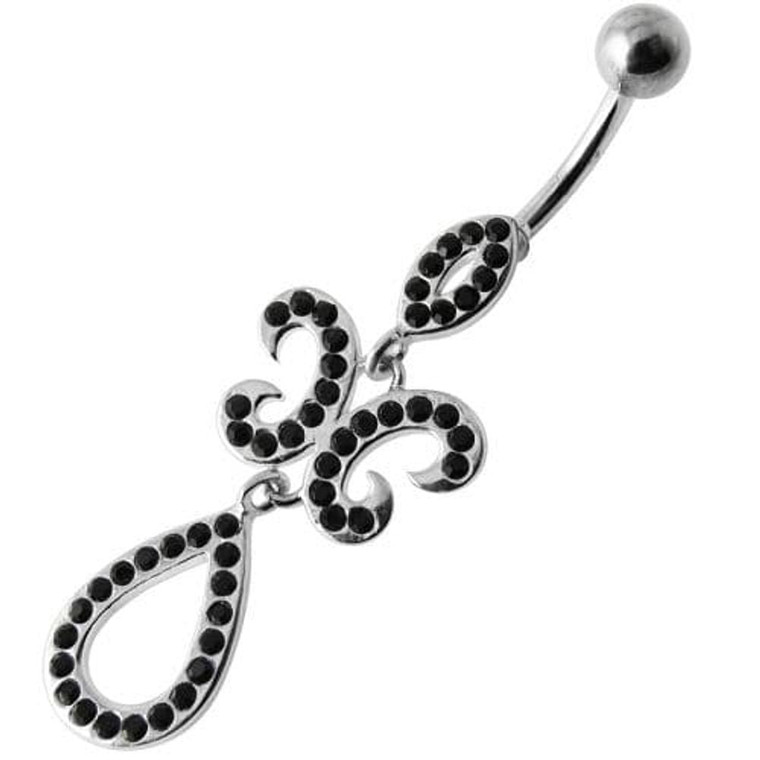 Fancy Studded Jeweled Dangling SS Bar Belly Ring - Black