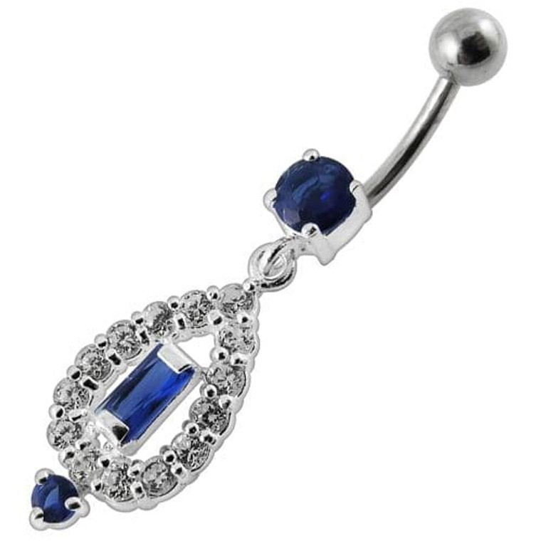 Fancy Vinatge Royal Design Jeweled Dangling Curved Belly Ring - Dark blue