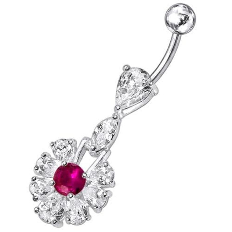 Fancy White Stone Jeweled  Stone Centered Dangling Belly Ring - Red