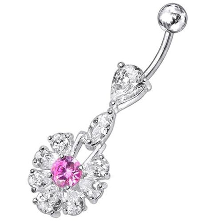 Fancy White Stone Jeweled  Stone Centered Dangling Belly Ring - Pink