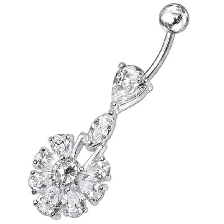 Fancy White Stone Jeweled  Stone Centered Dangling Belly Ring - Clear