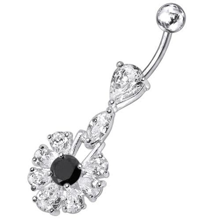 Fancy White Stone Jeweled  Stone Centered Dangling Belly Ring - Black