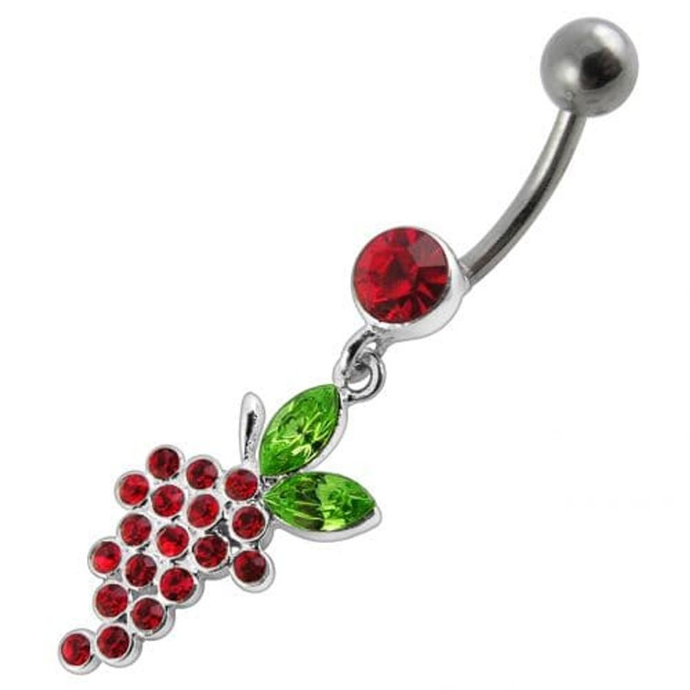 Fancy grapes Jeweled Dangling Curved Bar Belly Ring - Red