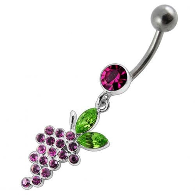 Fancy grapes Jeweled Dangling Curved Bar Belly Ring - Purple