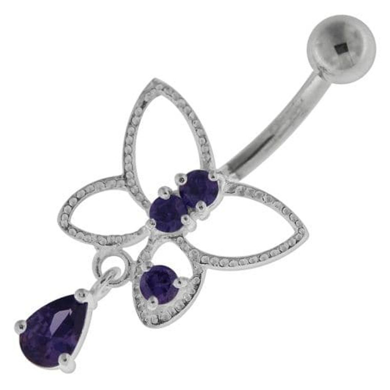 Jeweled Butterfly Cut out Navel Belly Button Ring - Purple
