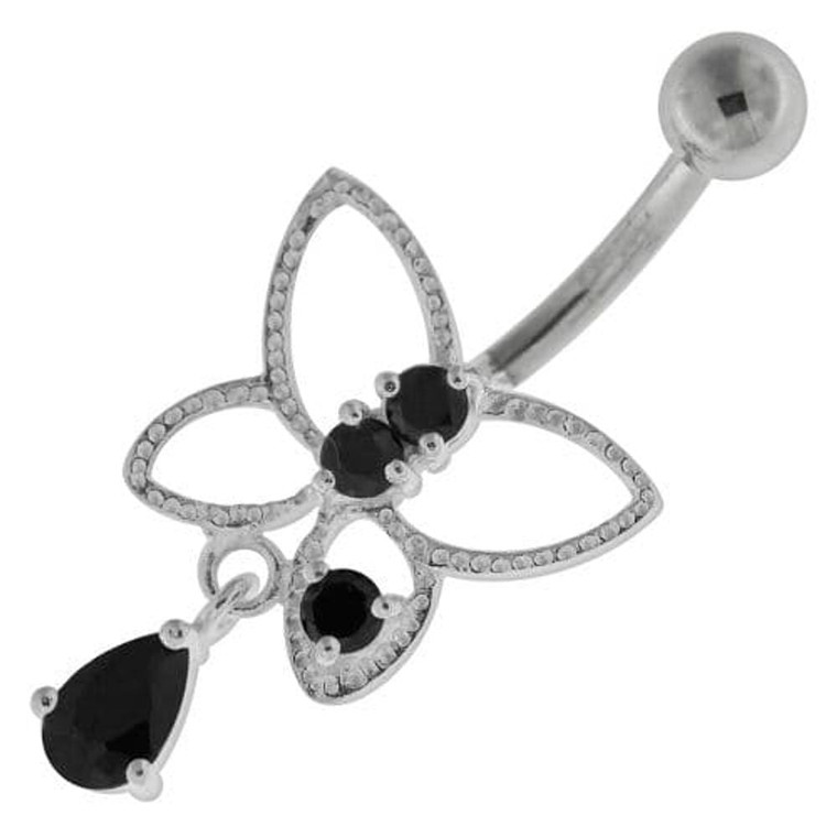 Jeweled Butterfly Cut out Navel Belly Button Ring - Black