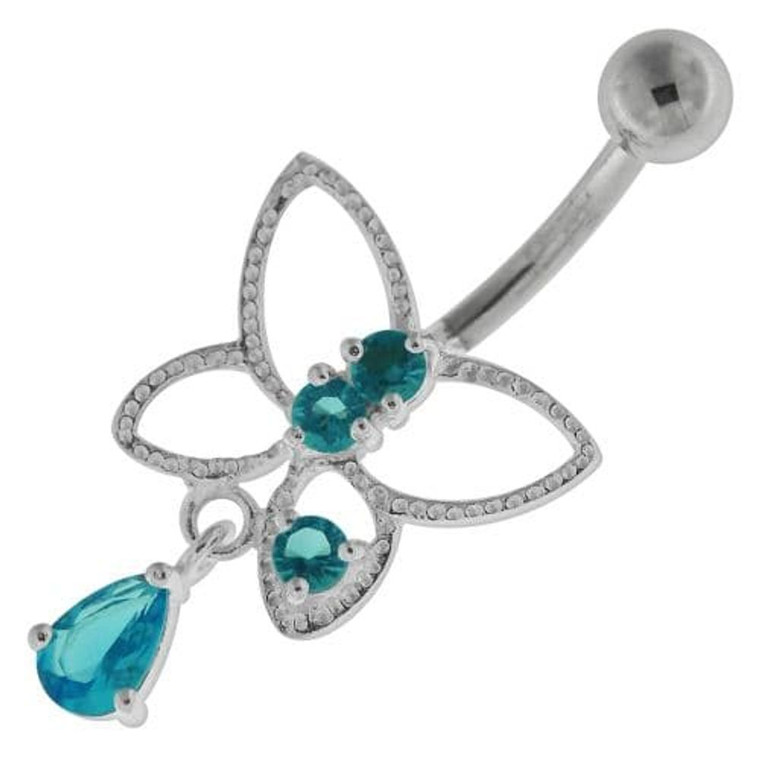 Jeweled Butterfly Cut out Navel Belly Button Ring - Aqua