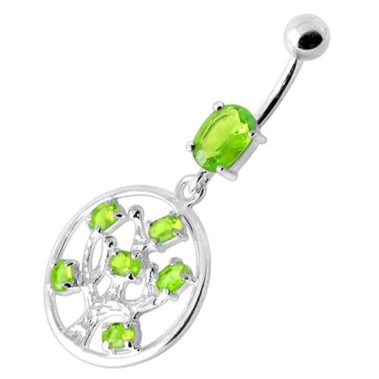 Jeweled Dangling Round Frame Belly Bar - Peridot