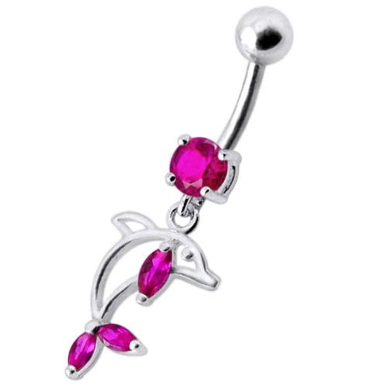 Jeweled Dolphin Dangling Navel Banana Ring - Red
