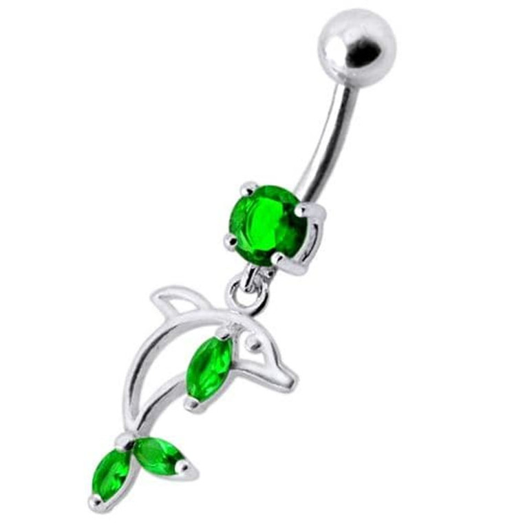 Jeweled Dolphin Dangling Navel Banana Ring - Emerald