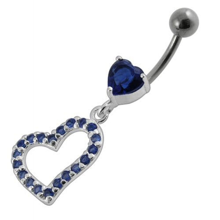 Jeweled Fancy Heart Loop Silver Dangling SS Banana Navel Ring - Dark blue