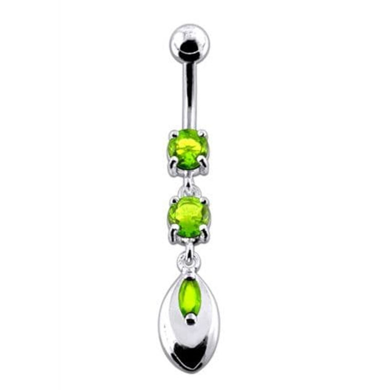 Jeweled Fancy Silver Dangling SS Banana Belly Ring - Peridot
