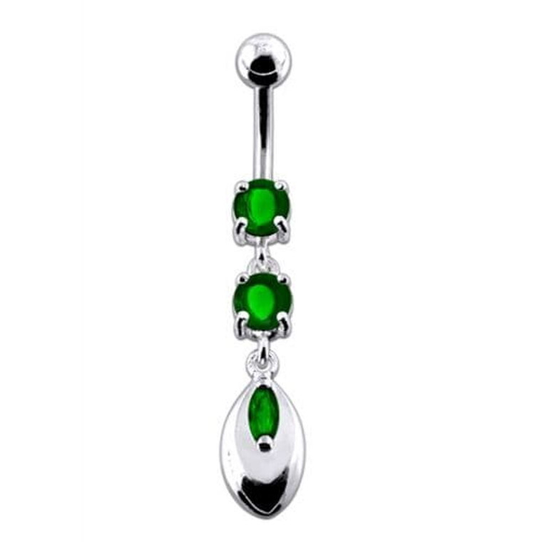 Jeweled Fancy Silver Dangling SS Banana Belly Ring - Emerald