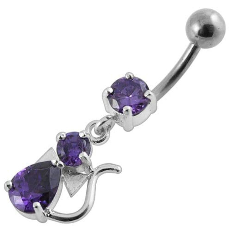 Jeweled Fancy Silver Dangling Banana Bar Belly Ring - Purple
