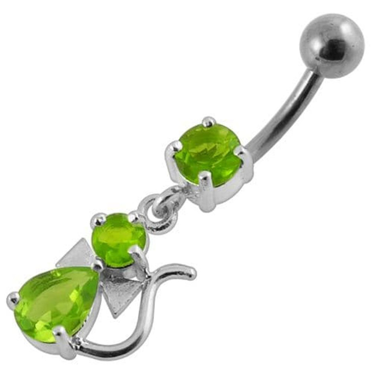 Jeweled Fancy Silver Dangling Banana Bar Belly Ring - Peridot