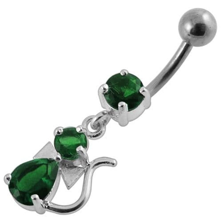 Jeweled Fancy Silver Dangling Banana Bar Belly Ring - Emerald