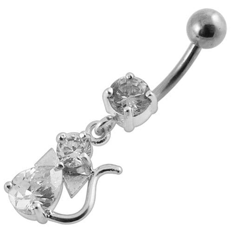 Jeweled Fancy Silver Dangling Banana Bar Belly Ring - Clear