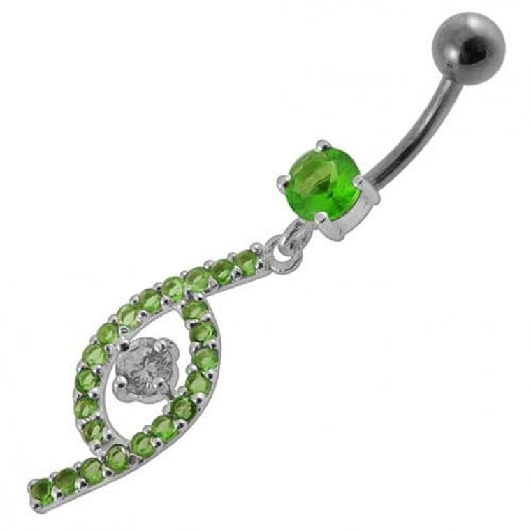 Jeweled Fancy Silver Dangling SS Bar Curved Navel Ring - Peridot