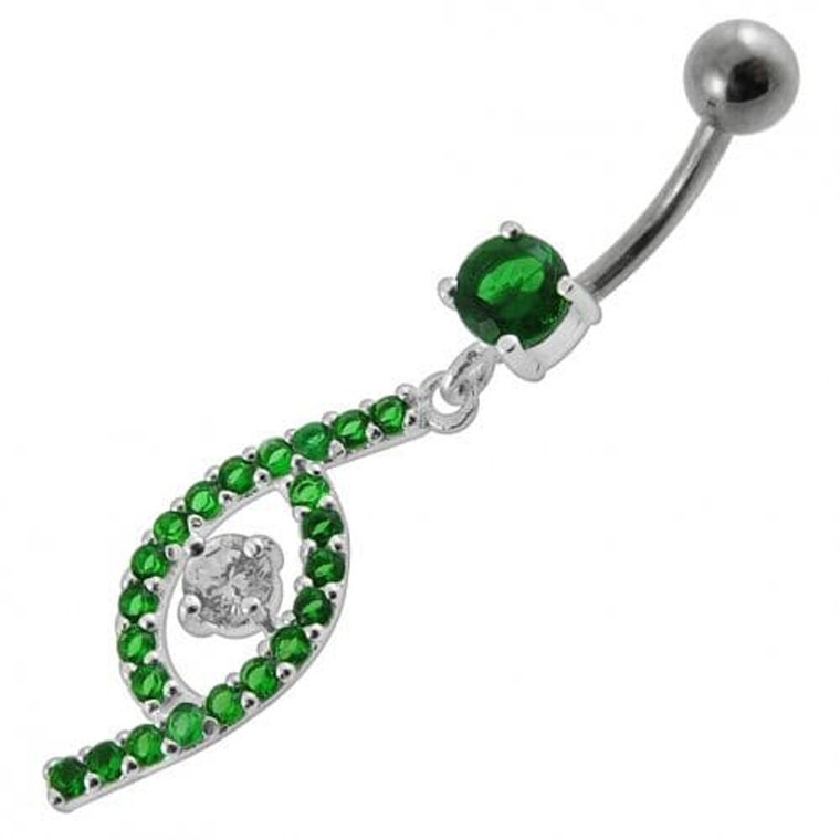 Jeweled Fancy Silver Dangling SS Bar Curved Navel Ring - Emerald