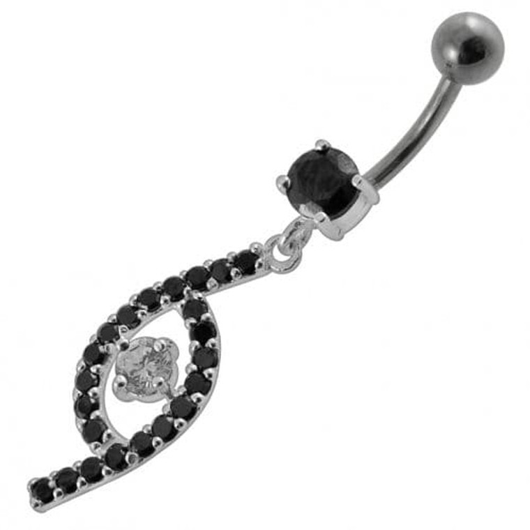 Jeweled Fancy Silver Dangling SS Bar Curved Navel Ring - Black