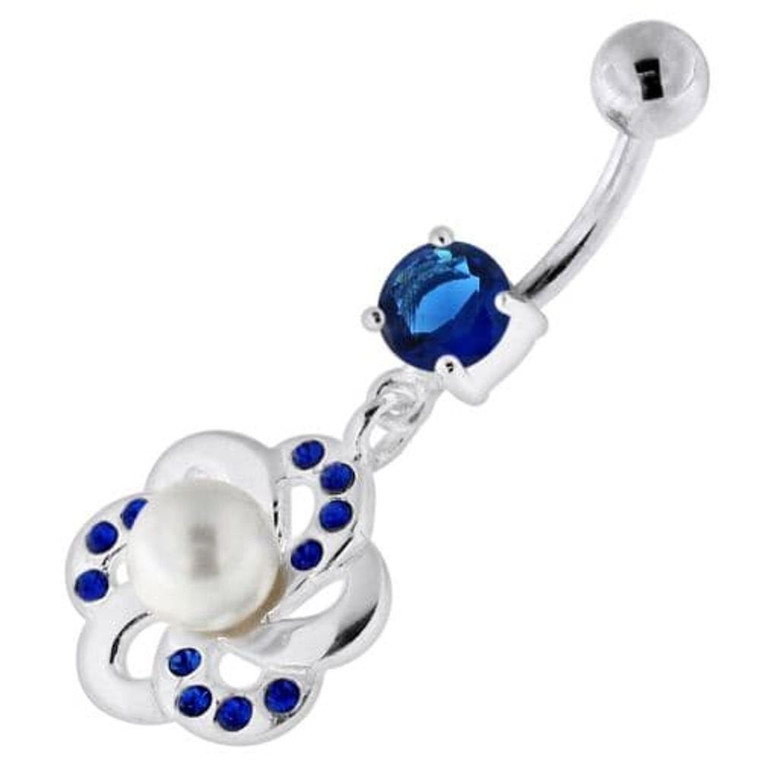 Jeweled Flower with Center Pearl Swirl Navel Belly Piercing - Dark Blue