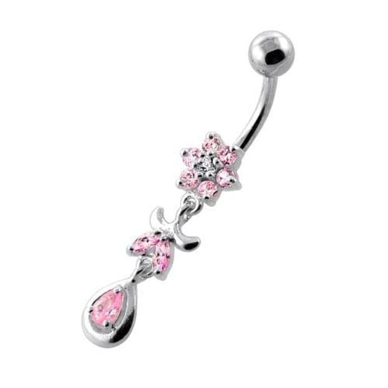 Jeweled Flower Leaf Hanging Navel Belly Bar - Pink