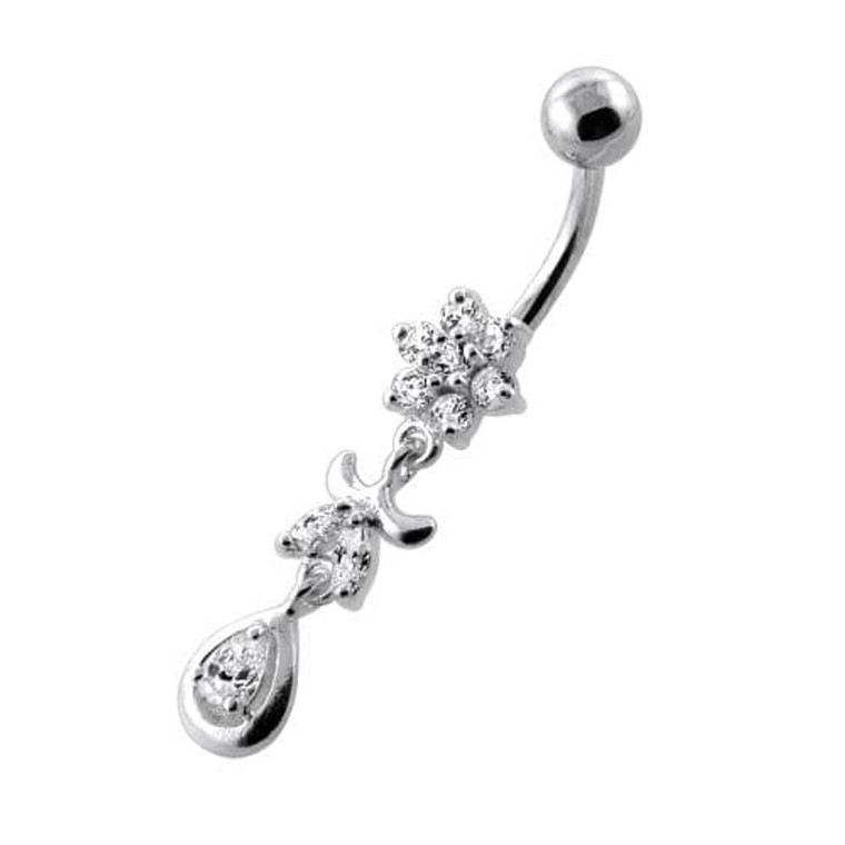 Jeweled Flower Leaf Hanging Navel Belly Bar - Clear