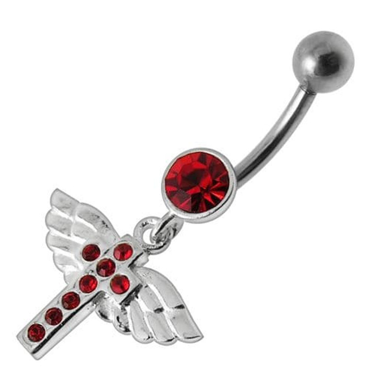 Jeweled Flying Cross Dangling Belly Ring - Red