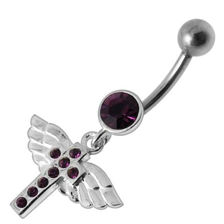 Jeweled Flying Cross Dangling Belly Ring - Purple