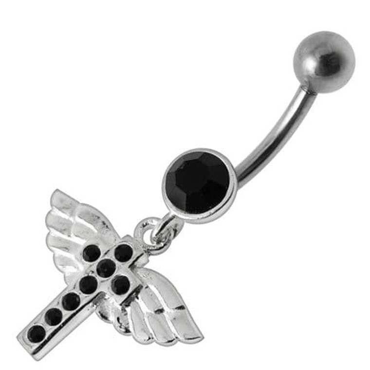 Jeweled Flying Cross Dangling Belly Ring - Black