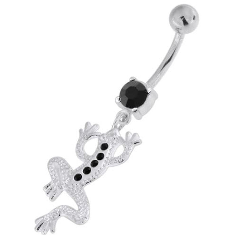 Jeweled Lizard with Frog Legs 925 Sterling Silver Navel Belly Piercing - Black