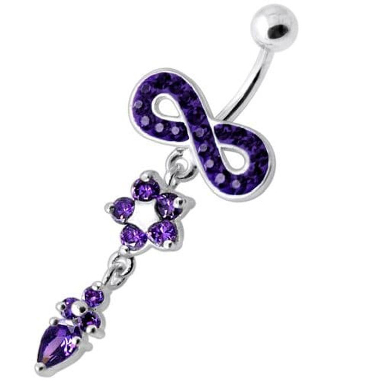 Jeweled Infinity Flower Dangling Navel belly bar - Purple