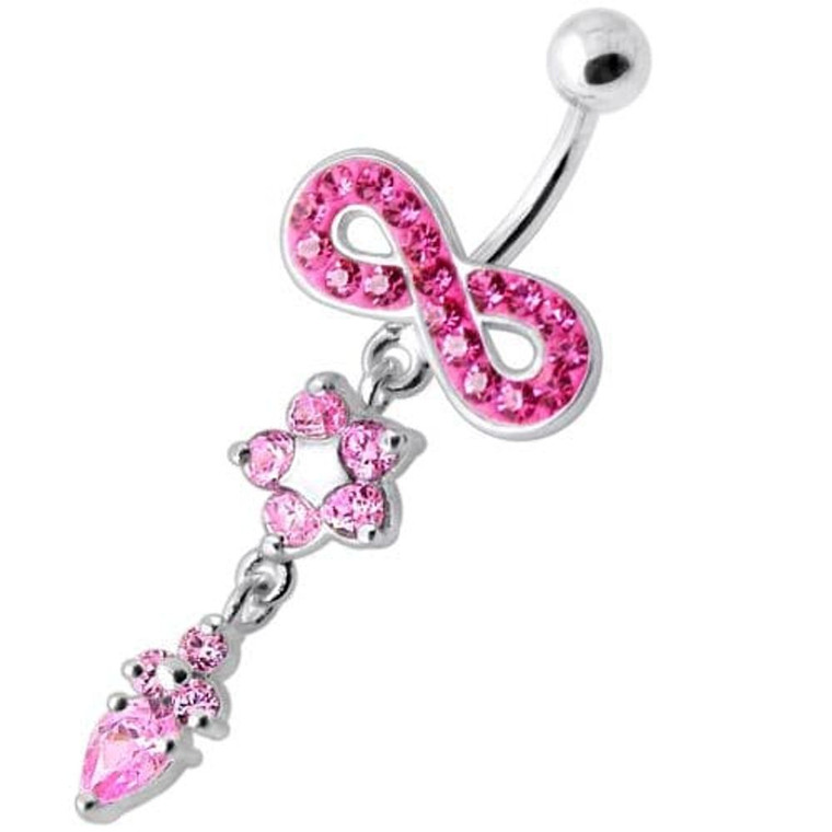 Jeweled Infinity Flower Dangling Navel belly bar - Pink