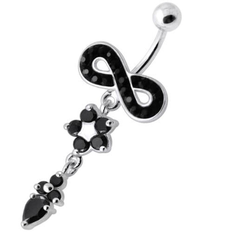 Jeweled Infinity Flower Dangling Navel belly bar - Black