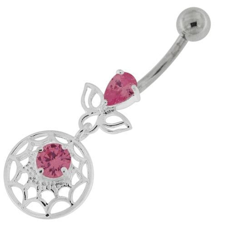 Jeweled Spider Web Dangling Navel Belly Ring - Pink