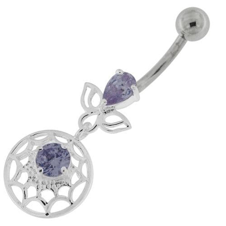 Jeweled Spider Web Dangling Navel Belly Ring - Lavender