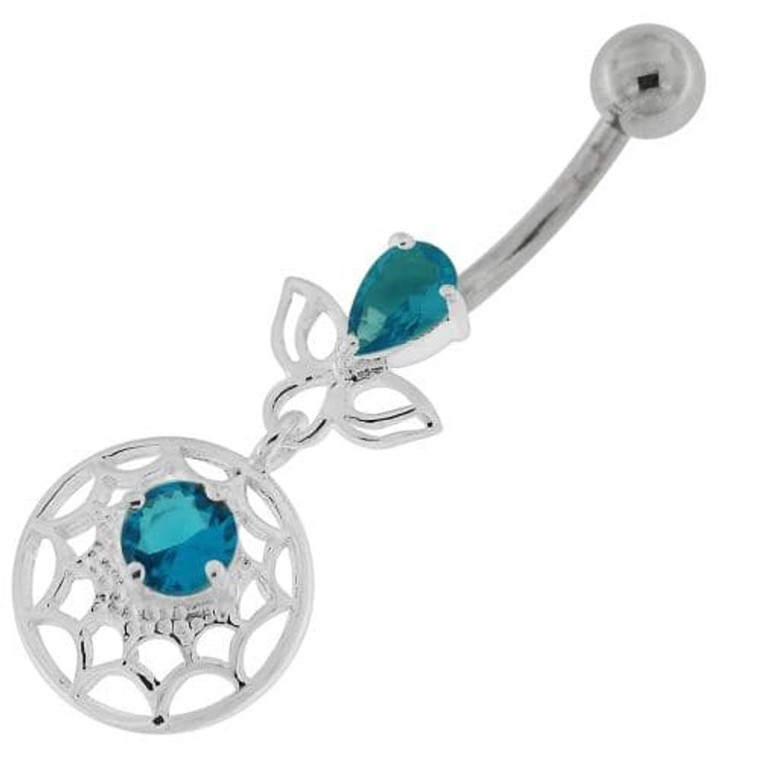 Jeweled Spider Web Dangling Navel Belly Ring - Aqua