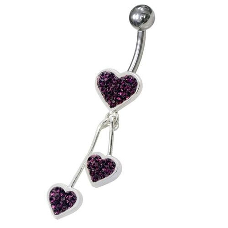 Jeweled Trible Heart Dangling Belly Ring - Purple