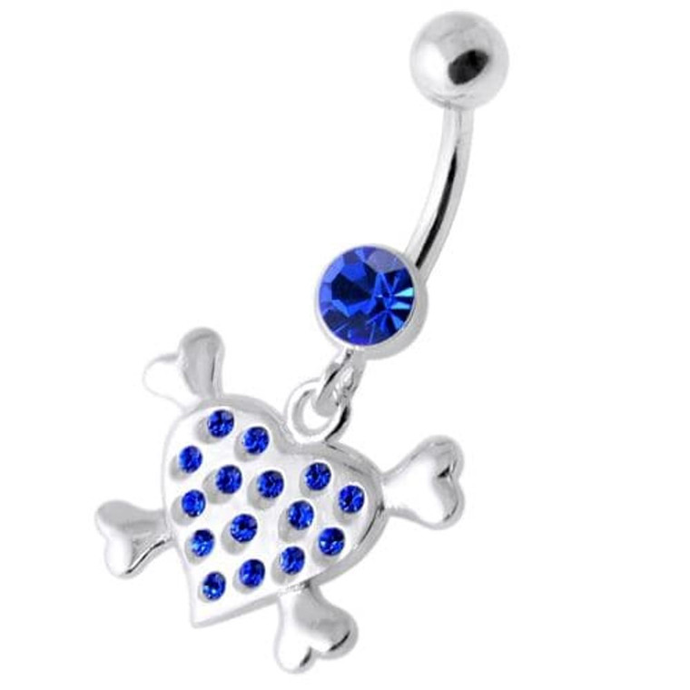 Multi Jeweled Heart Silver Navel Belly Banana - Dark Blue