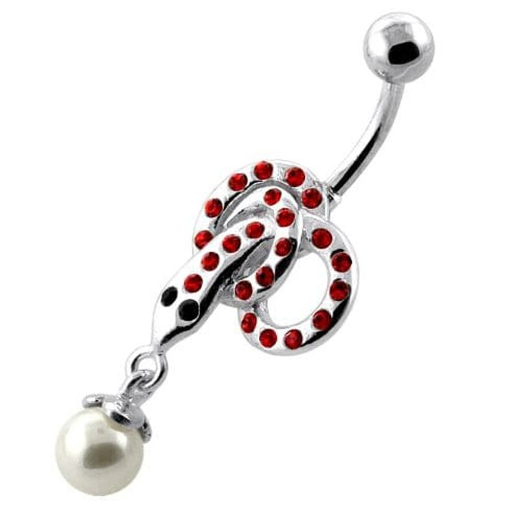 Multi Jeweled Snake with Hanging Ball Navel Belly Ring - Red