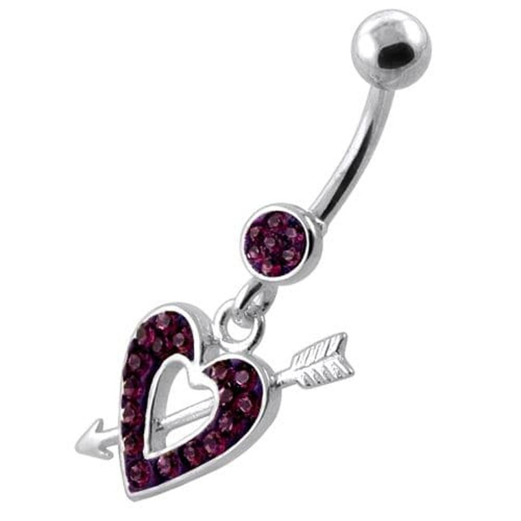 Multi Jeweled Heart and Arrow belly button ring - Purple