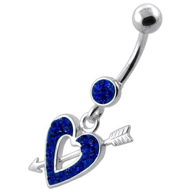 Multi Jeweled Heart and Arrow belly button ring - Dark Blue