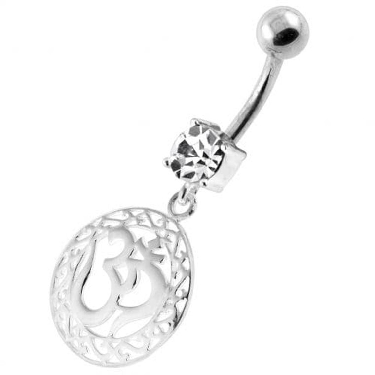 Ohm in a Floral Cut out 925 Sterling Silver Navel Bar - Clear