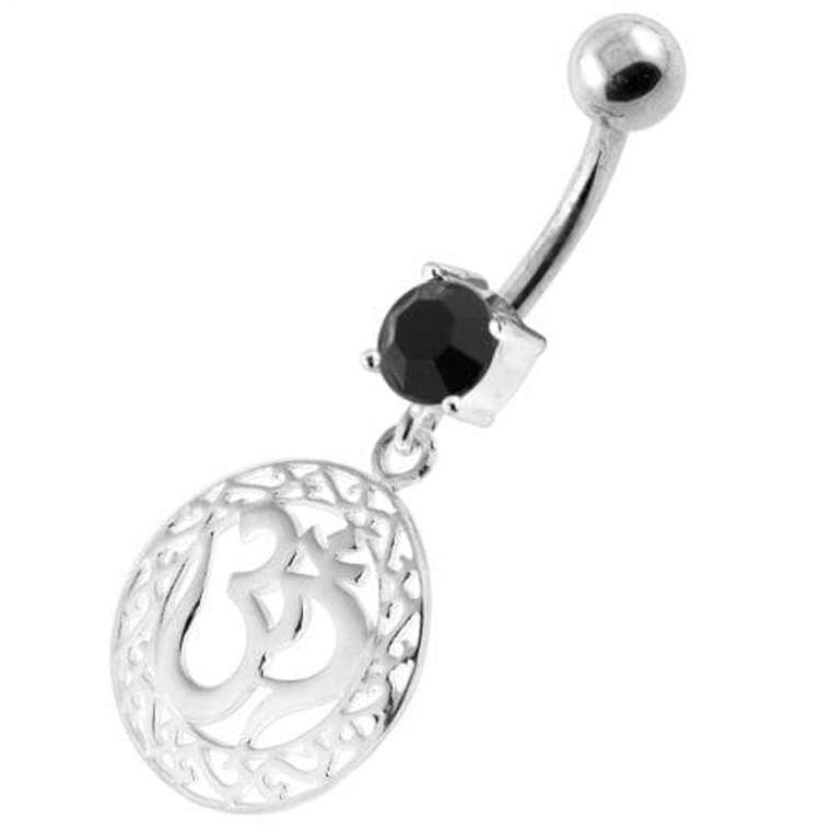 Ohm in a Floral Cut out 925 Sterling Silver Navel Bar - Black