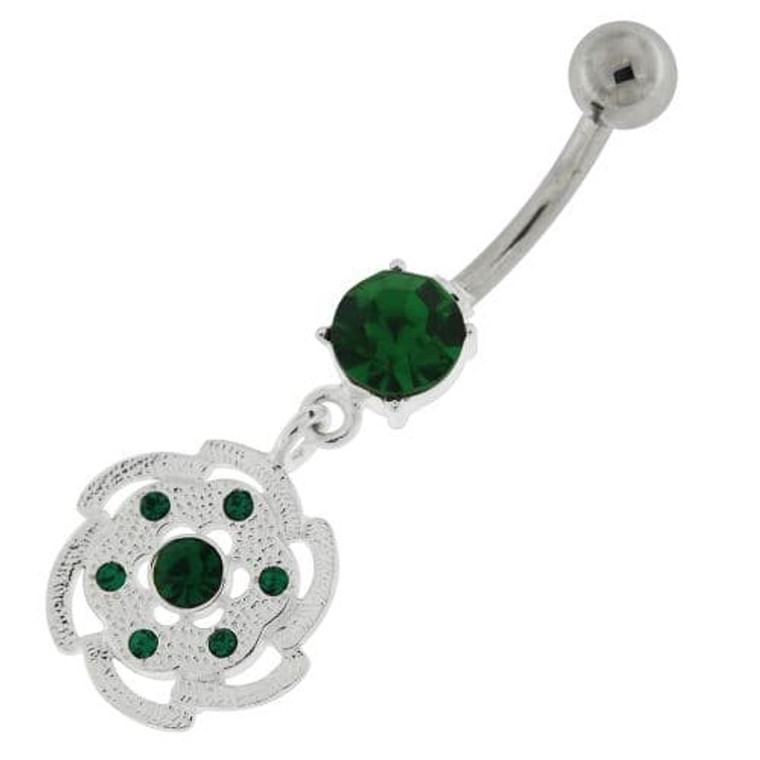 Swirl Flower Dangling Navel Belly Button Ring - Emerald