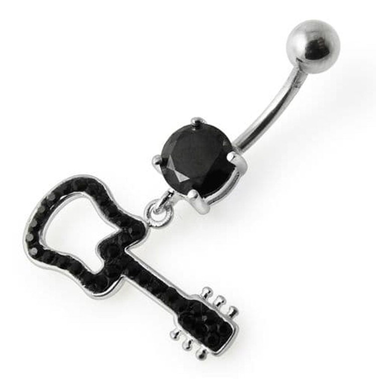 Silver Fancy GUITAR Dangling Navel Ring - Black