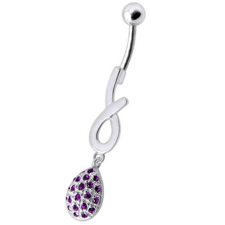 Silver Fancy Jeweled Design Dangling Cuved Navel Body Jewelry Ring - Purple