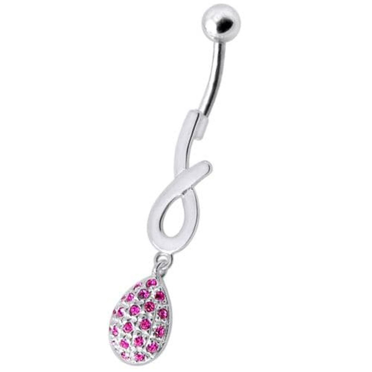 Silver Fancy Jeweled Design Dangling Cuved Navel Body Jewelry Ring - Pink