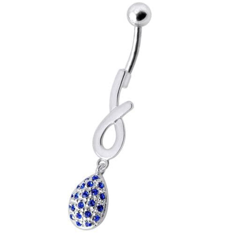 Silver Fancy Jeweled Design Dangling Cuved Navel Body Jewelry Ring - Dark Blue